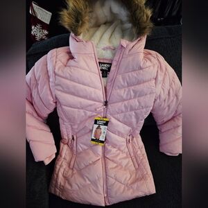 Lands' End Girls Pink Quilted Parka with Removable Faux Fur Trim Size 7/8